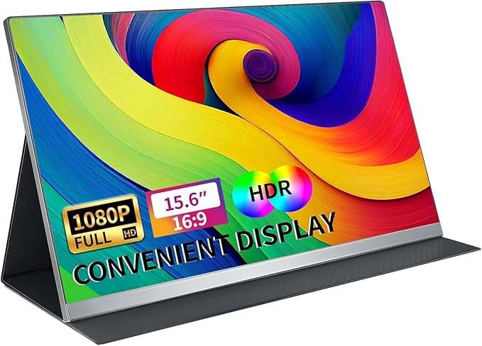 شاشة محمولة 15.6 بوصة FHD 1080P IPS 1920×1080 HDR مع منفذ نوع C وميني HDMI ومكبرات صوت وغطاء من البولي يوريثين، متوافقة مع الكمبيوتر واللاب توب وماك بوك واكس بوكس من في 2 كوم