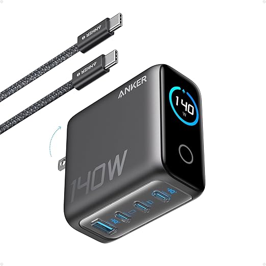 شاحن من أنكر بمنفذ USB متوافق مع أجهزة آي أو إس بـ 4 منافذ بقوة 140 واط مع شحن سريع و تحكم باللمس و تقنية GaN